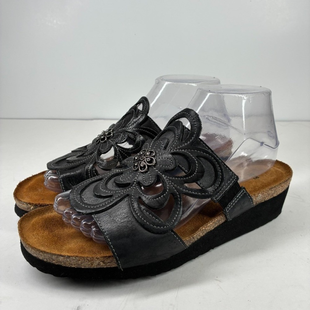 Naot Sandy Women's 8/39 Narrow Black Leather Floral Wedge Comfort Slide Sandals
